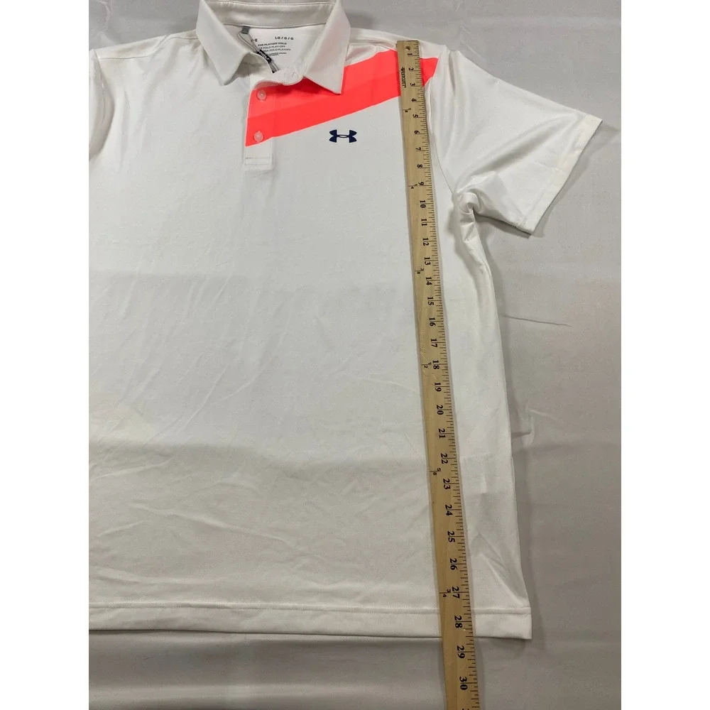 Under Armour Mens Playoff Polo Shirt White Neon Orange HeatGear Loose Fit Large‎